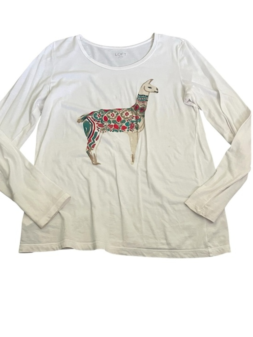 LOFT White Long Sleeve Tee with Colorful Llama Motif Size M